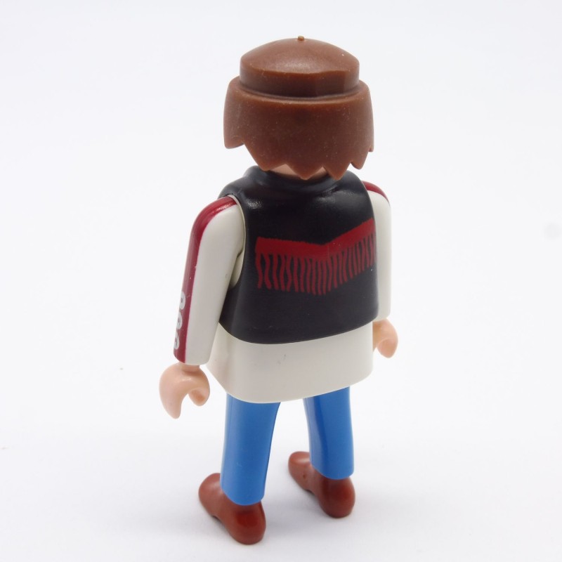 Playmobil Homme Blanc Et Bleu Gilet Noir Franges Rouges