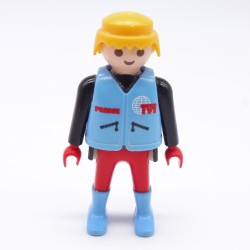 Playmobil 38541 Homme Pilote Moto Reporter TVI Rouge Noir Gilet Bleu un peu sale