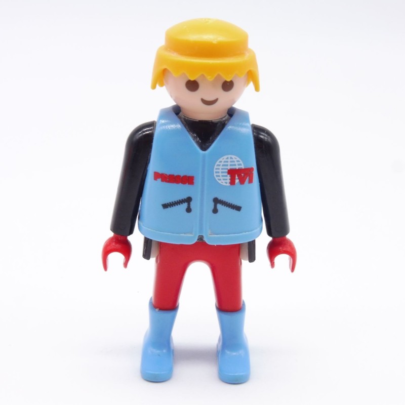 Playmobil 38541 Homme Pilote Moto Reporter TVI Rouge Noir Gilet Bleu un peu sale